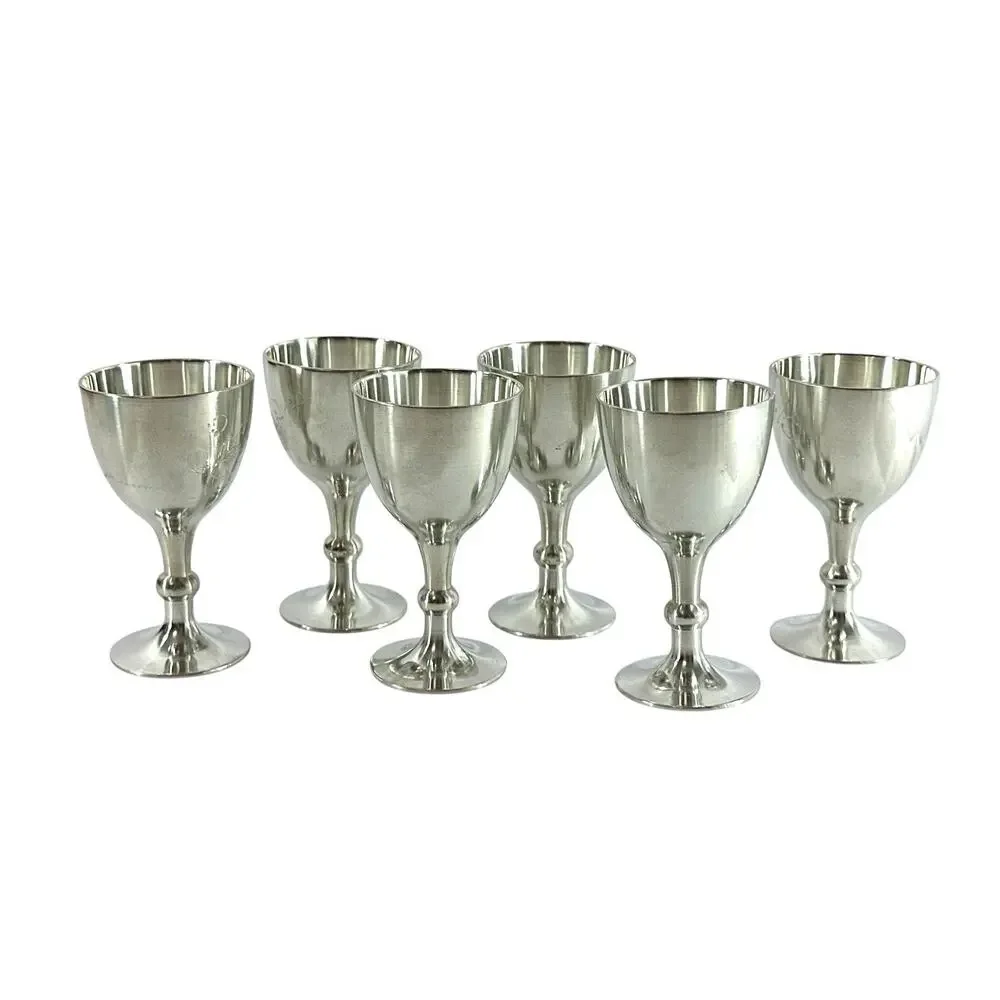 Set of 6 Vintage Stainless Steel Goblets Etched Floral Wine Cups 3” Barware
